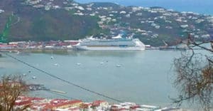 Royal Caribbean's Adventure of the Seas ties up at Charlotte Amalie, where it took on about 560 passengers, part of a contingent of 1,400 evacuated Saturday from the territory. (SAP photo)