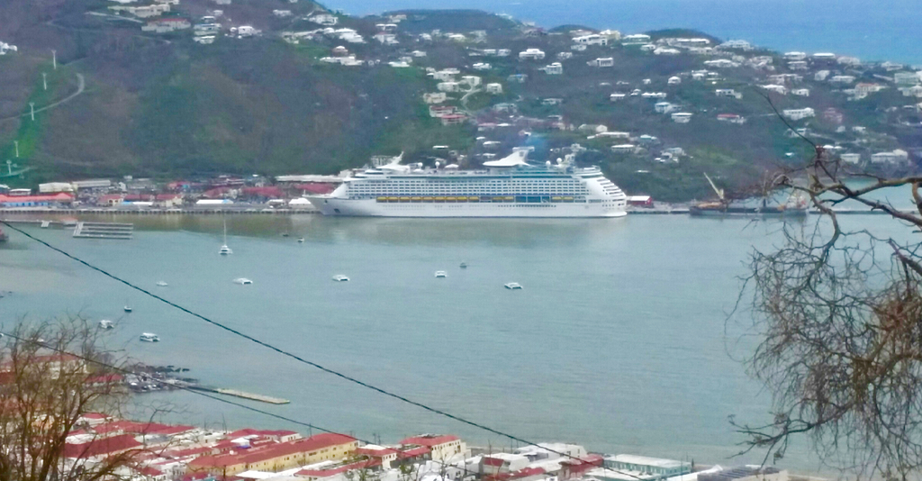 Royal Caribbean's Adventure of the Seas ties up at Charlotte Amalie, wh3re it took on about 560 passengers, part of a contingent of 1,400 evacuated Saturday from the territory. (SAP photo)