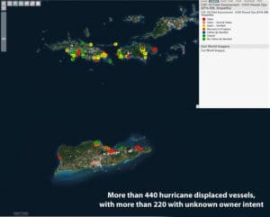 An image from the National Oceanic and Atmospheric Agency maintained Environmental Response Management Application database shows individual dots for all displaced vessels in the U.S. Virgin Islands as of Nov. 28. (NOAA image)