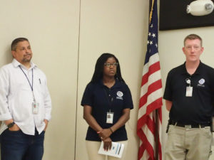 FEMA’s Luis Soto, Fitzmarie Cesar and Chad McCormick answer questions at UVI Tuesday.