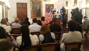 Gov. Kenneth Mapp provides an update of the territory's hurricane recovery during his Friday news conference. (Jamie Leonard photo)