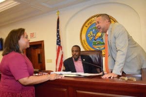 Sens. Janette Millin Young, Marvin Blyden and Jean Forde talk during break in V.I. Senate.