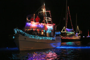 Parade boats lit up the Charlotte Amalie Harbor Friday night.