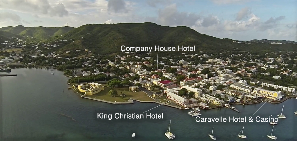 A view of Christiansted shows the Caravelle, King Christian and Company House hotels marked. (Image provided by VIGL)