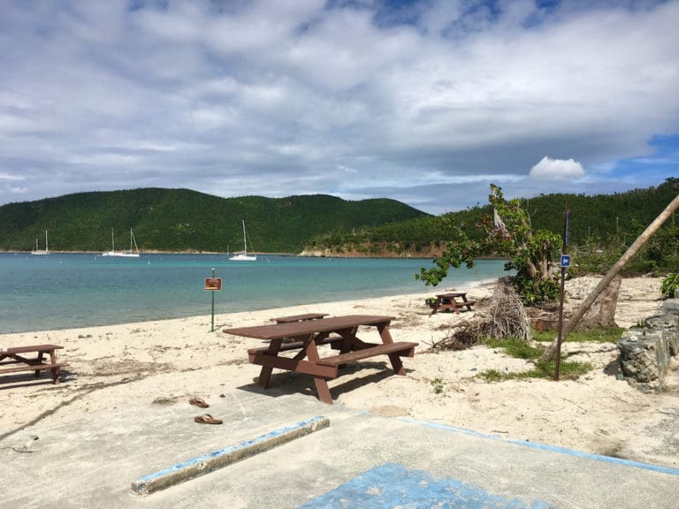 The beach at Maho Bay is open but still shows signs of storm damage. (Photo by Charlotte Walsh)