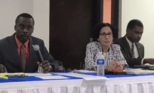 Sens. Marvin Blyden, Nereida Rivera O’Reilly and Kurt Vialet listen to testifiers at Thursday’s committee hearing.