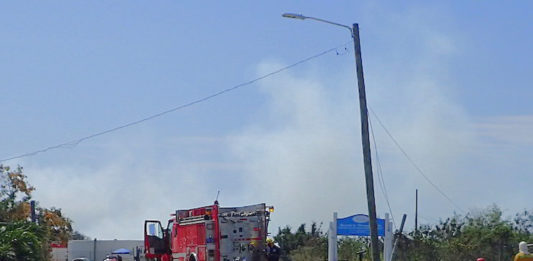 A fire truck blocks the entrance to the Anguilla Landfill. (Susan Ellis photo)