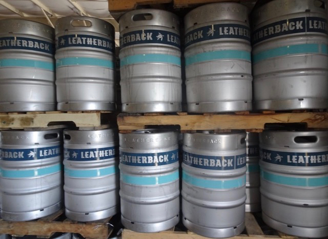 Kegs of craft beer sit on the racks at Leatherback Brewing Company. (Anne Salafia photo)