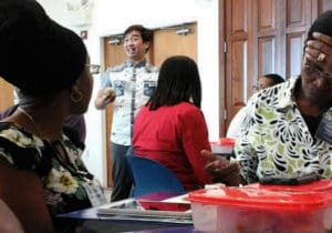 Workshop participants take turns telling stories about marine debris. (Judi Shimel photo)