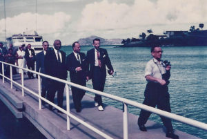Laurance Rockefeller arrives on St. John for the dedication of the V.I. National Park in 1956. (photo by George H.H. Knight, provided by the Knight family archives)