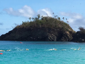 Swimmers on the long course pass battle headwinds and currents as they streak past Trunk Cay. (Photo by Lisa Etre)