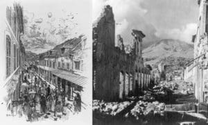 A sketch of Rue Victor Hugo, one of St. Pierre's commercial streets, before the 1902 eruption of Pelee, and a photo from afterwards. (Library of Congress) 