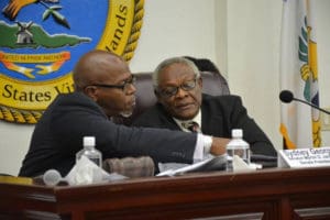 Sydney George, right, stood in for Senate President Myron Jackson during Tuesday's mock legislative session. (Government House photo)