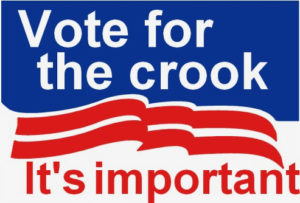 A replica of the 1991 bumper sticker from the Louisiana gubernatorial election. 'The crook," Edwin Edwards won, defeating the Klan Wizard. Edwards later spent eight years in federal prison on racketeering charges.