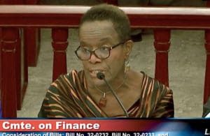 V.I. Director of Banking, Insurance and Financial Regulation Gwendolyn Hall Brady at Friday's hearing on legislation to bring the U.S. Virgin Islands closer to stateside norms for insurance regulation. (V.I. Legislature photo)