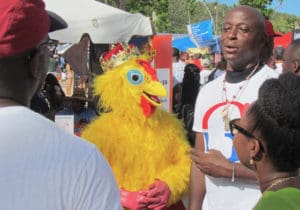 Not one for serious discussion, the King of the Wing mascot was busy delighting the kids and dancing to the party music that never let up. (Gerard Sperry photo)