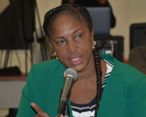In 2018 file photo, Masserae Sprauve-Webster presents the proposed budget for Frederiksted Health Care. (Source file photo)