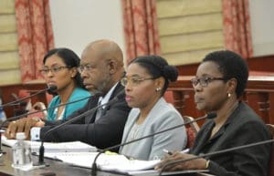 From left: VICA Director Tasida Kelch, Historic Preservation Commission Chairman Felipe Ayala, DPNR Commissioner Dawn Henry and DPNR Director of Administrative Services Althea Grant testify Tuesday before the Senate Finance Committee.