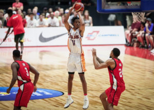 Nicolas Claxton (14) pulls up for a jumpshot in the USVI’s most recent game against Canada on July 2nd at the Arena at TD Place in Ottawa, Canada. (Fiba.basketball photo)