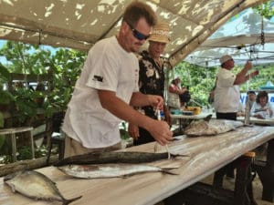 Daryl Bryan and Kevin Laplace, Sr. weigh the catches.