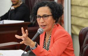 Sen. Nereida Rivera-O’Reilly asks a pointed question during the hearing on the court system's budget.