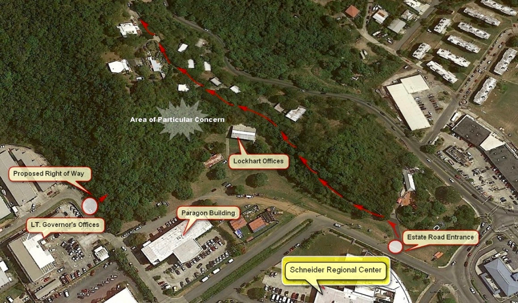 Map shows the area of the proposed medical center, including the estate road, shown in red. 