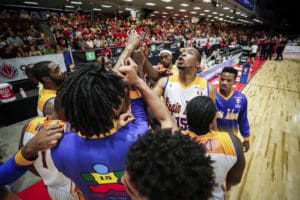 The USVI men's basketball squad breaks huddle. (FIBA photo)