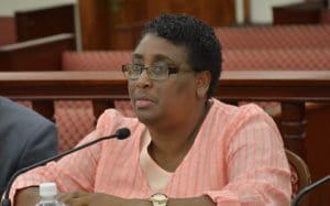 Caroline Fawkes testifies before the Senate Finance Committee. (V.I. Legislature photo)