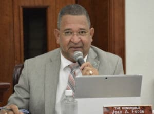 Sen. Jean Forde, sponsor of the pay raise bill, at Monday's hearing. (Photo by Barry Leerdam, V.I. Legislature)