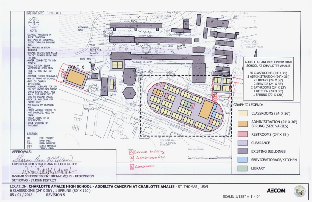 Schemdatic shows planned location of modular classrooms on the Charlotte Amalie High School athletic field, the area enclosed in a dotted line. (Department of Education)
