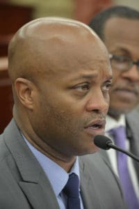 Finance Commissioner Valdamier Collens testifies. (Photo by Barry Leerdam, V.I. Legislature)