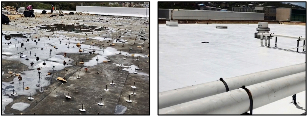 Left: The SRMC roof being repaired on Sep. 4, 2017; Right: SRMC roof, July 2018.