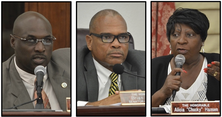 From left, Sen. Novelle Francis (D-STX), Senator-at-Large Brian Smith and Sen. Alicia Hansen (I-STX) expressed differing views on VIPA Director David Mapp’s absence from Thursday’s hearing.