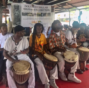 The Drummers of the Macislyn Bamboula Dance Company and Odomankoma Asawfo. From Left: Michael George, Shadion Brown, Keith “Keibo” Brown, Earl Demmin, and Delroy “Ital” Anthony.