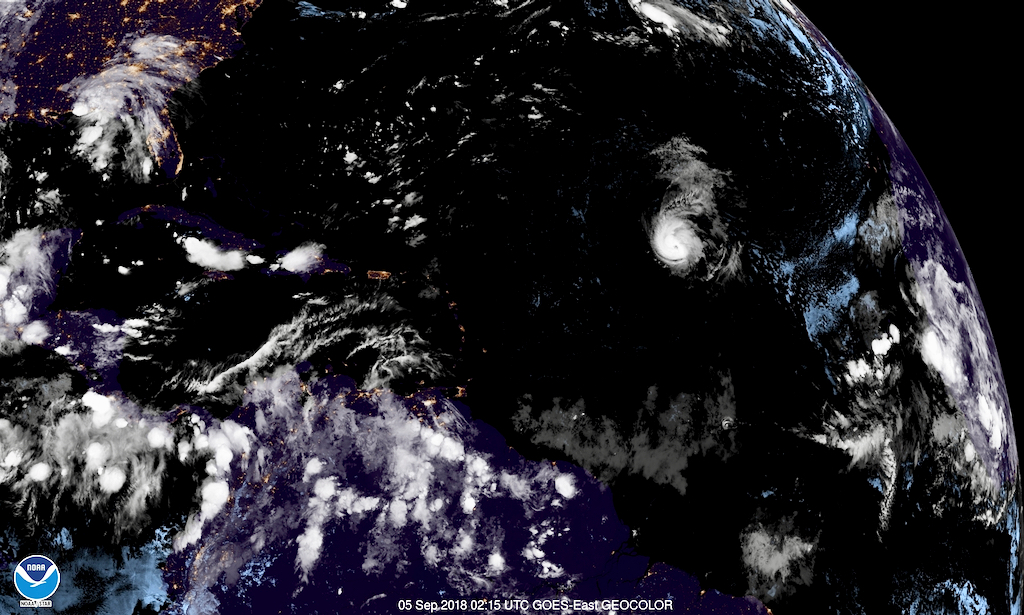 Satellite photo taken at 10:15 p.m. AST Tuesday shows Hurricane Florencein the mid-Atlantic. (NOAA photo)