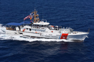 The Coast Guard Cutter Donald Horsley performs sea trials in 2016. The ship, with a top speed of 28 knots and a range of about 3,000 miles, is a part of the Joint Inter-Agency Task Force South. (U.S. Coast Guard photo by Eric D. Woodall)