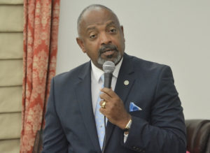 Sen. Tregenza Roach, sponsor of the bill limiting the governor’s emergency powers, speaks at Friday’s Senate session. (Photo by Barry Leerman for the V.I. Legislature)