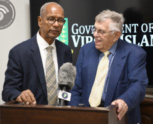 BVI Premier Orlando Smith and Audubon Holdings owner Dr. Henry Jarecki announce development plans for Norman Island on Nov. 22. (BVI Government photo by Ronnielle Frazer)