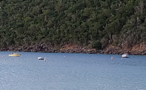 A few fishing skiffs are moored at the far eastern end of the Magens Bay beach.