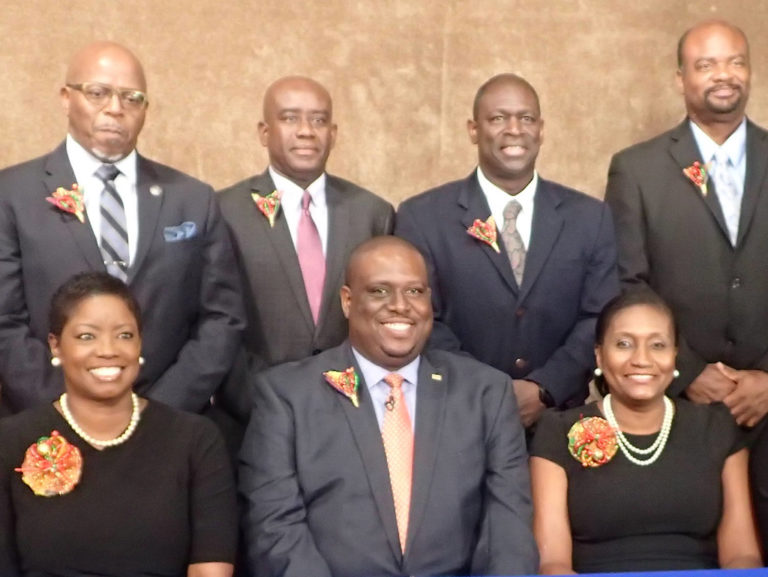 Newly formed majority caucus for the 33 Legislature. Back row, from left: Javan James Sr., Myron Jackson, Oakland Benta, Stedmann Hodge, Steven Payne, Athneil “Bobby” Thomas. Front row, from left: Marvin Blyden, Alicia Barnes, Kenneth Gittens, Donna Frett-Gregory, Allison DeGazon. (Susan ellis photo)