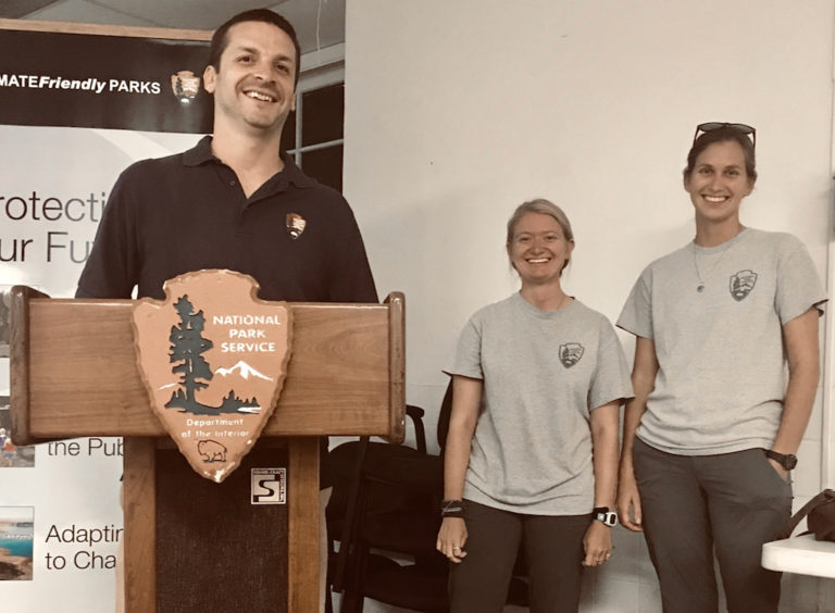 From left, Clayton Pollock, Jessica Stuczynski and Natalie Monnier spoke about Buck Island turtle research at a public talk Thursday in Christiansted.