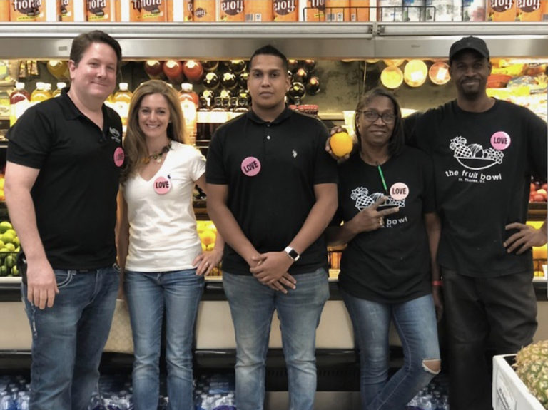 Staff at The Fruit Bowl on St. Thomas sport their Shades of Pink love buttons.