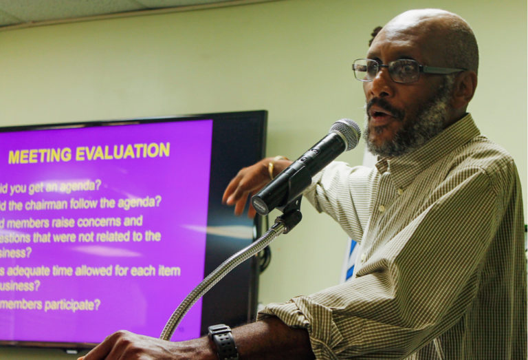 John Abramson teaches Mason’s Rules of Order at Tuesday’s conference.