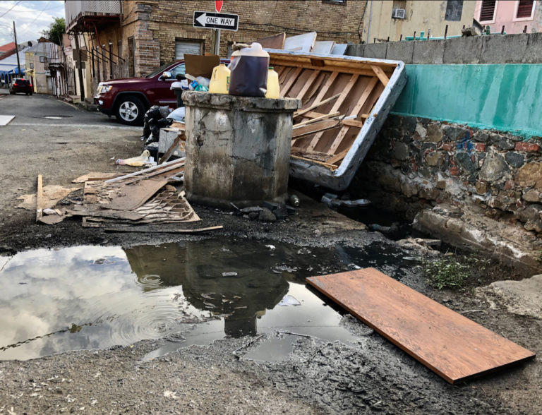 A board provides a path across the sewage bubbling up on Domini Gade. (Dave MacVeab photo)