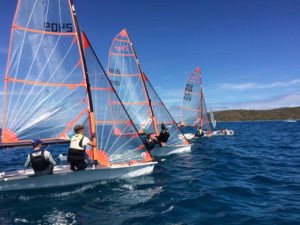 A fleet of 29ers race neck and neck in the 2017 Crucian Open in the Buck island Channel. (Anne Salafia photo)