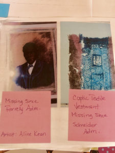 A photo in the V.I. Government's archive shows the missing Aline M. Kean painting of Wilmot Blyden, with the note, 'Missing since Farrelly Admin,' and of photo of a missing ancient Coptic textile vestment and the note 'Missing since Schneider Adm.' (Image provided by Julio Encarnacion)