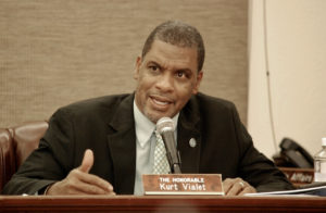 Sen. Kurt Vialet expresses concern about the smell of mold at the Florence Williams Library in Christiansted. (Photo by Barry Lerman for the V.I. Legislature)
