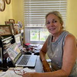 Apple Gidley at work on her next novel, as yet untitiled, Anne Salafia photo 2019