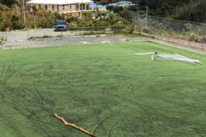 Vandalism at the athletic field at Gifft Hill School included destruction of soccer goals and tire marks tearing up the grass. (Photo from GoFundMe.com)