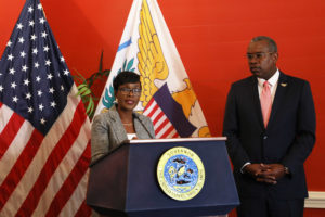 Attorney General Denise George-Counts and Gov. Bryan at a news conference in 2019, before her nomination to the office was confirmed.